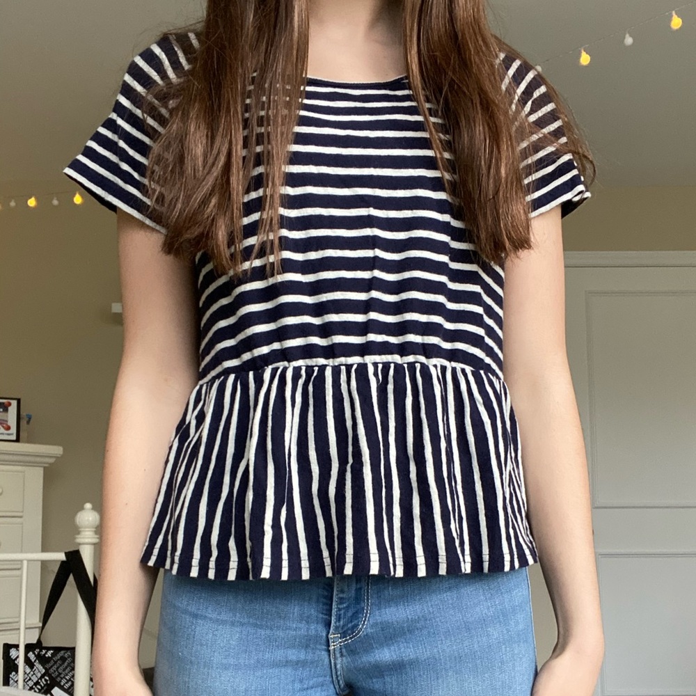 Madewell White Striped Navy T-Shirt with Ruffle